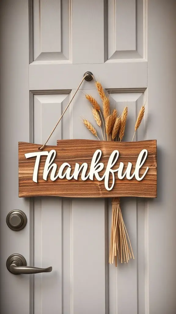 19+ Creative DIY Fall Door Hanger Ideas to Welcome the Season 12 A wooden door sign that says 'Thankful' with wheat accents