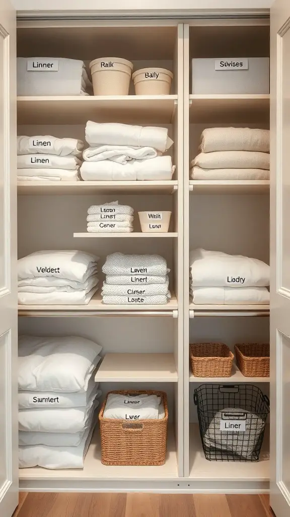 Organized linen closet with labeled shelves and baskets