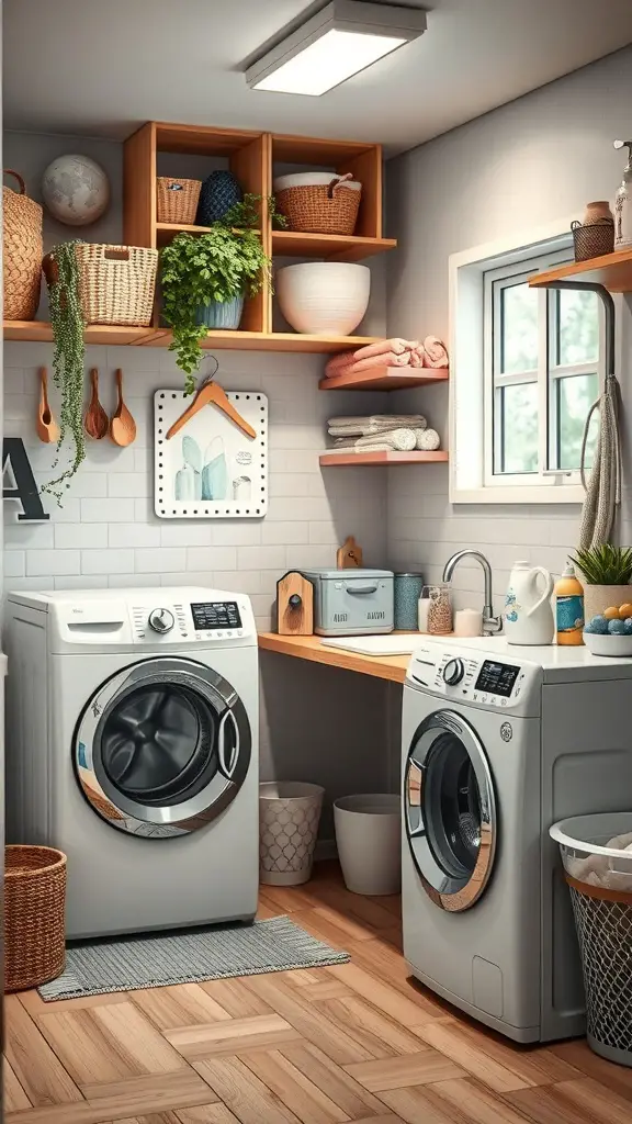 A bright and organized laundry room with washing machines, wooden shelves, and decorative baskets.