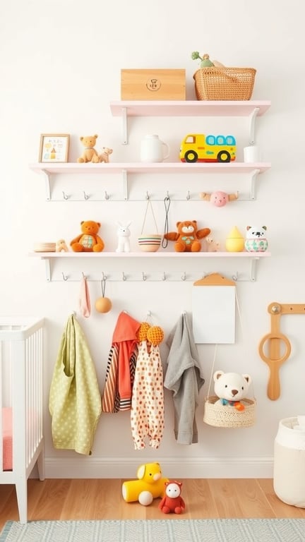33+ Creative Nursery Organization Ideas for a Clutter-Free Space 8 Bright nursery wall with pink shelves holding toys and decorative items, hooks for hanging clothes, and a cozy atmosphere.
