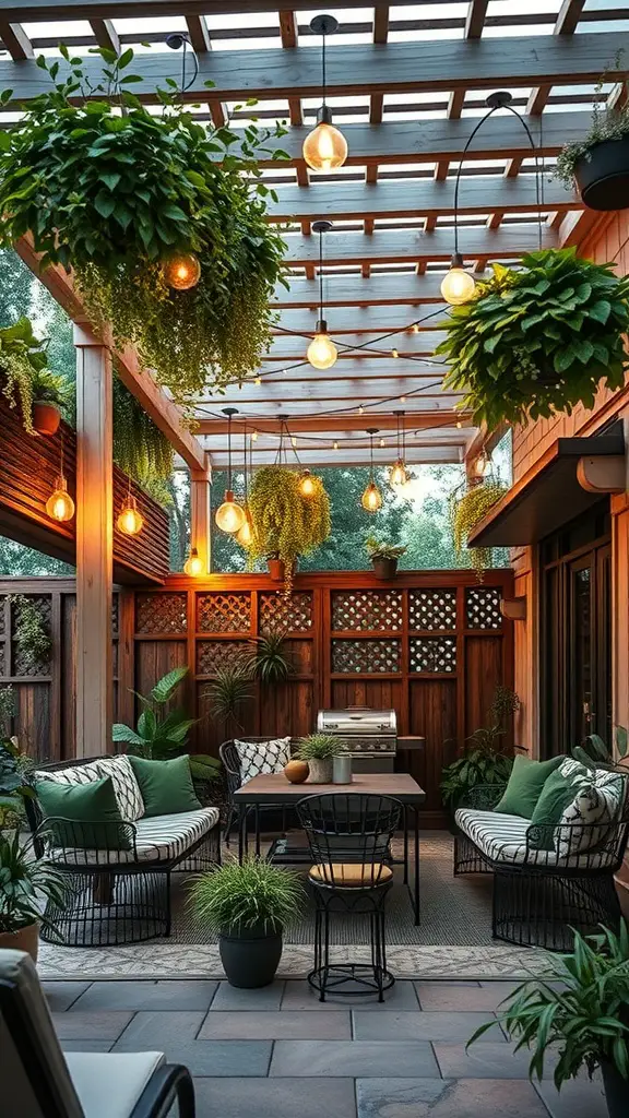 23+ Creative Patio Roof Extension Ideas You’ll Love 10 A cozy patio with a lattice roof extension, featuring hanging plants and warm lighting.