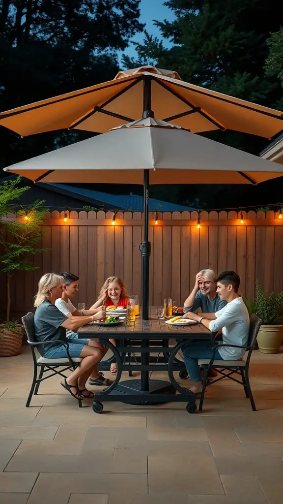 17+ Creative Patio Umbrella Ideas for Your Outdoor Space 17 A group of friends enjoying a meal under a large adjustable height patio umbrella at night.