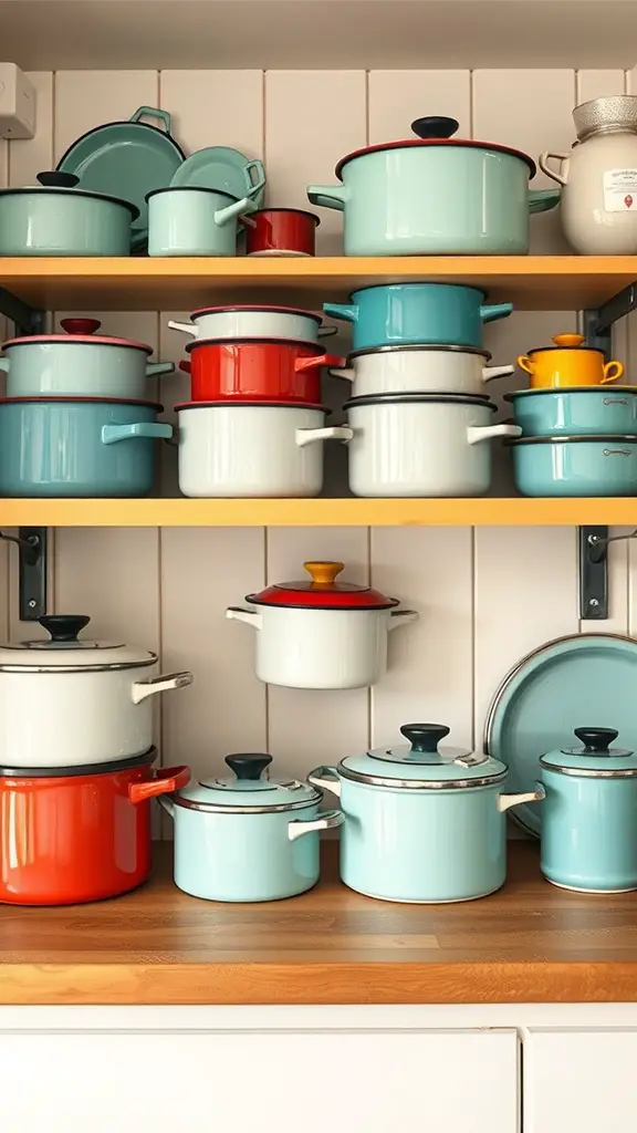 33+ Vintage Farmhouse Kitchen Ideas You'll Love 13 A display of colorful enamel cookware on wooden shelves in a vintage farmhouse kitchen.