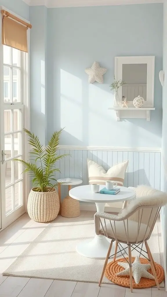 21 Unique Coffee Corner Ideas to Enhance Your Home Decor 16 A cozy coffee corner in a coastal beach house with blue walls, a round white table, a comfy chair, and plants.