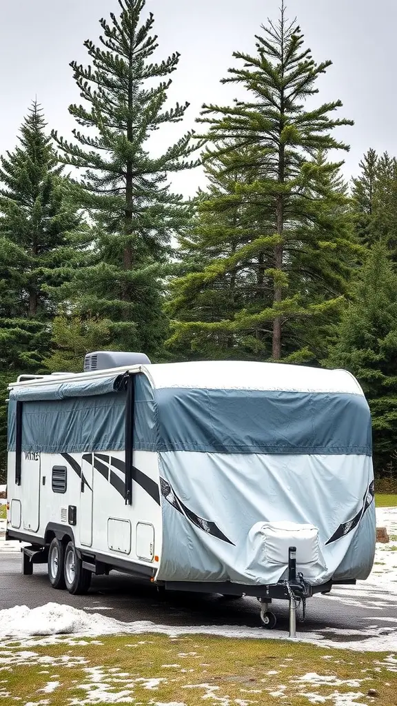 15+ Stylish RV Covers with Deck Designs to Elevate Your Outdoor Space 5 A weather-resistant cover on an RV in a snowy environment.
