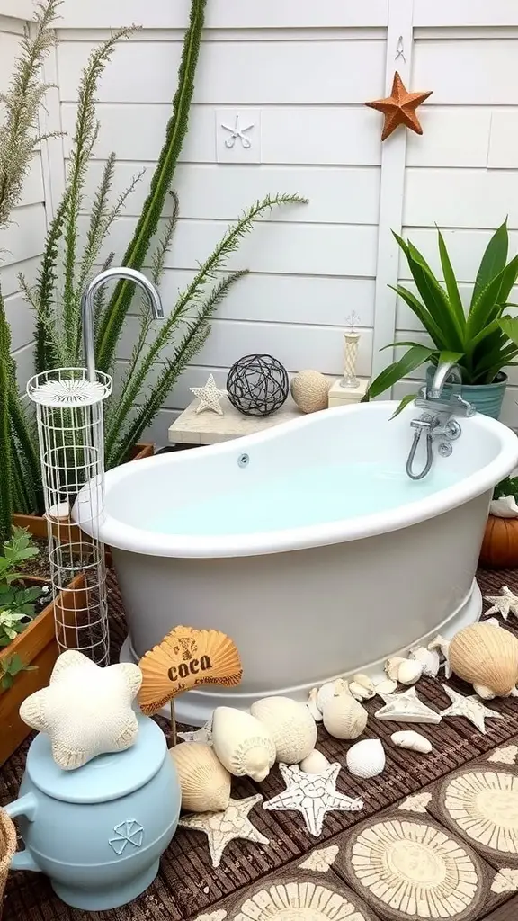 23+ Stunning Ideas for Decorating Your Garden Tub in the Master Bath 11 A coastal-themed bathroom with a blue garden tub, nautical decor, and plants.
