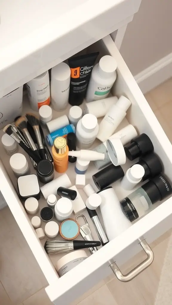 21+ Creative Drawer Organization Ideas for a Clutter-Free Home 11 A cluttered bathroom drawer filled with various skincare and beauty products.