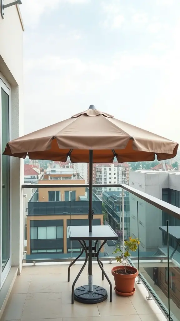 17+ Creative Patio Umbrella Ideas for Your Outdoor Space 13 A compact beige patio umbrella on a small balcony with a table and potted plant.