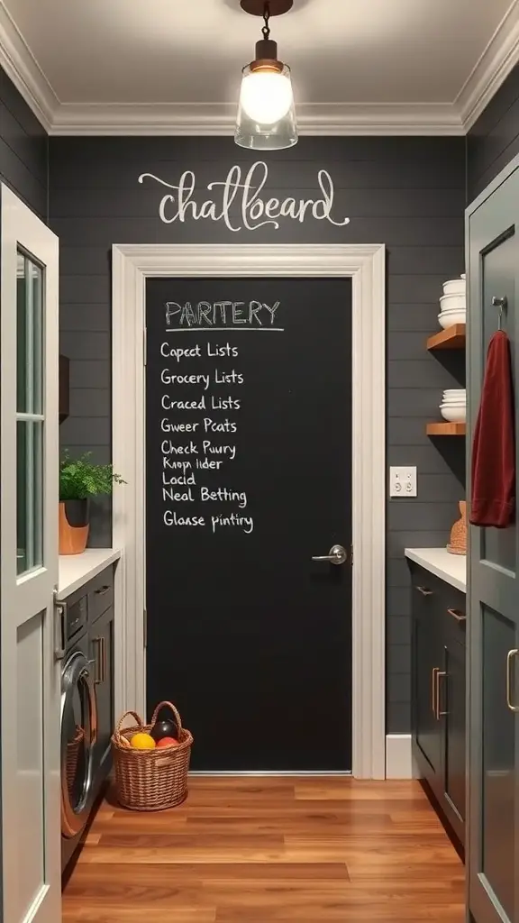 Chalkboard wall in a butler's pantry with lists and notes