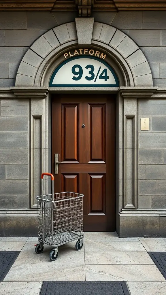 27+ Magical Harry Potter Room Decor Ideas for Every Fan 5 Entrance to Platform 9¾ with a wooden door and a shopping cart in front.