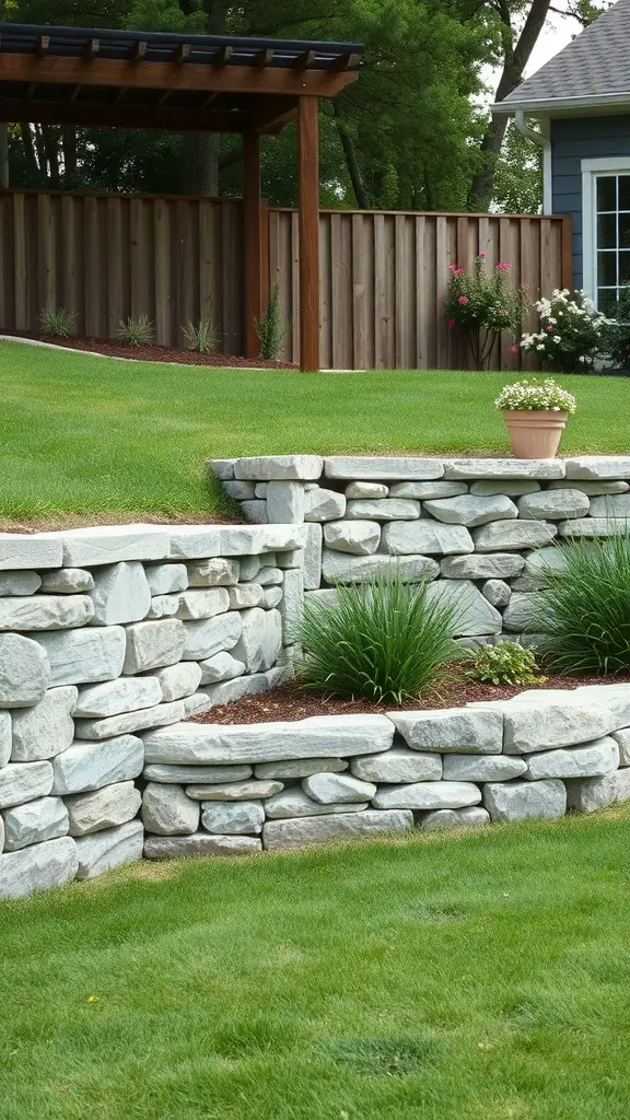 25+ Inspiring Hardscape Backyard Ideas for Your Outdoor Oasis 3 A charming stone retaining wall in a backyard with green grass and plants.