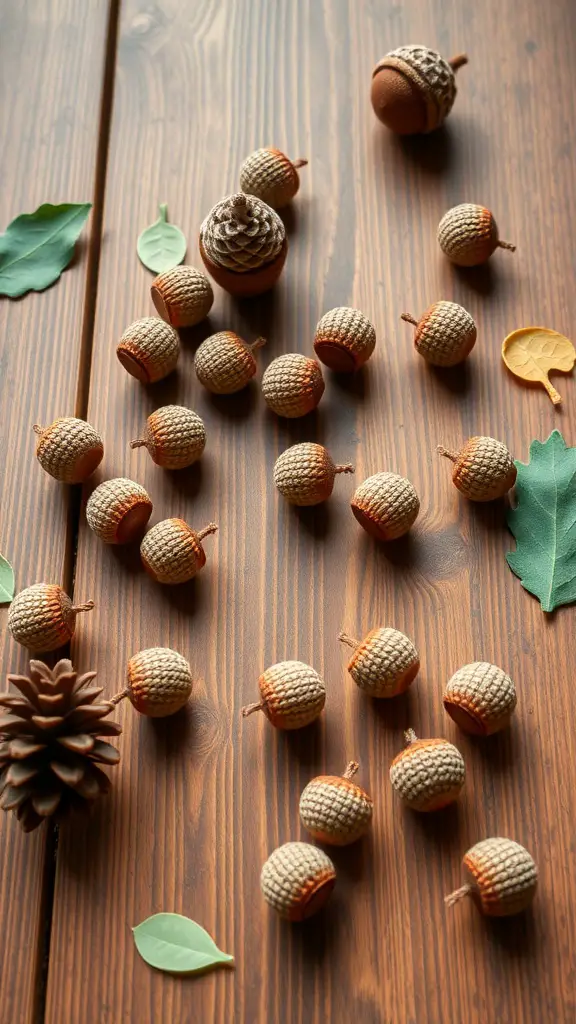 23+ Cozy Fall Crochet Ideas You’ll Love 13 A collection of crochet acorns on a wooden table, surrounded by leaves and a pinecone.