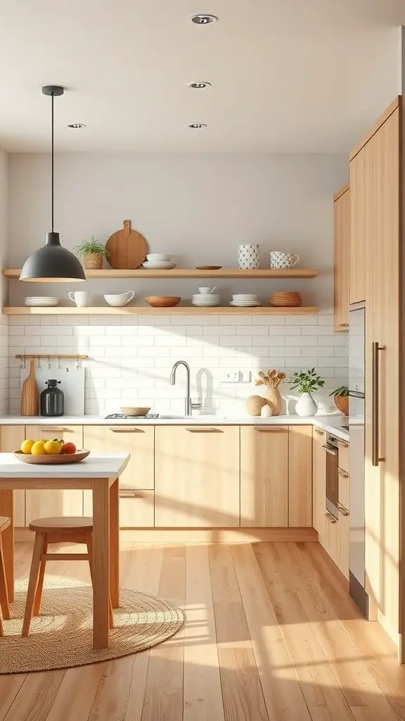23+ Creative Bloxburg Kitchen Ideas to Transform Your Space 11 A sleek Scandinavian kitchen featuring light wood cabinetry, open shelving, and a round dining table.