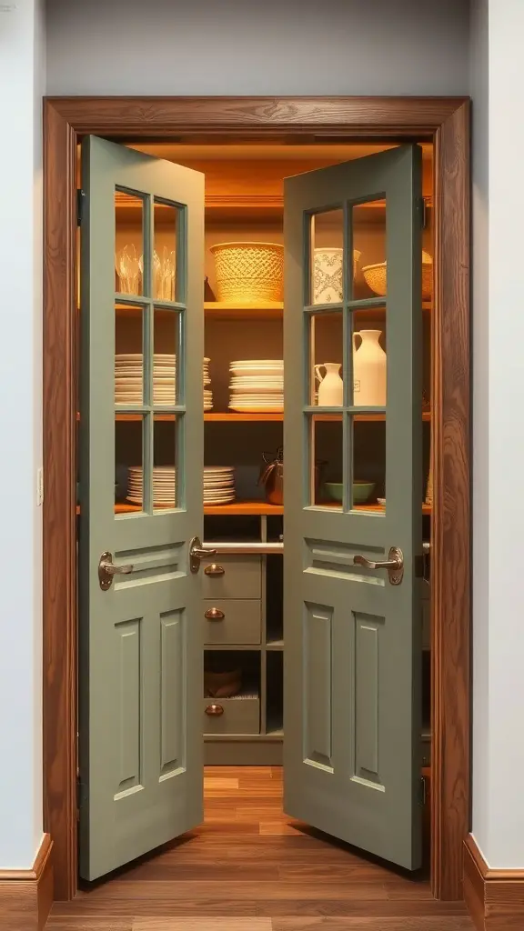 27+ Stunning Sage Green and Wood Kitchen Ideas You’ll Love 6 Sage green pantry doors with wood framing, showcasing a well-organized pantry interior.