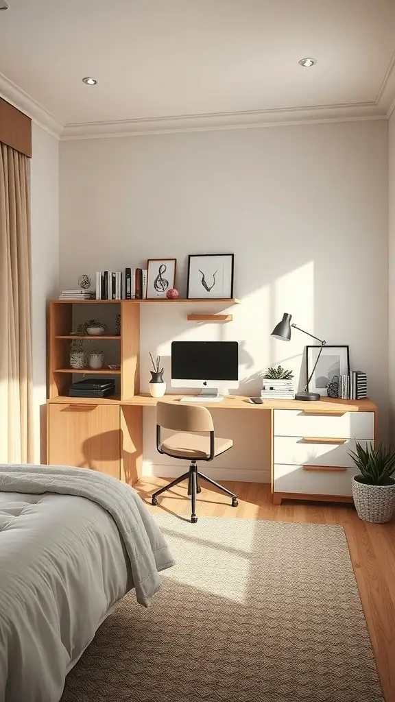 A cozy home office space in a bedroom featuring a desk, computer, and shelving unit.