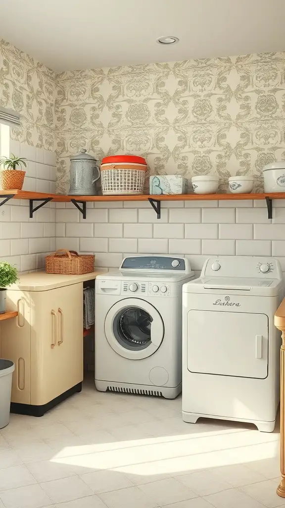 A vintage-style laundry room featuring retro appliances and charming decor.