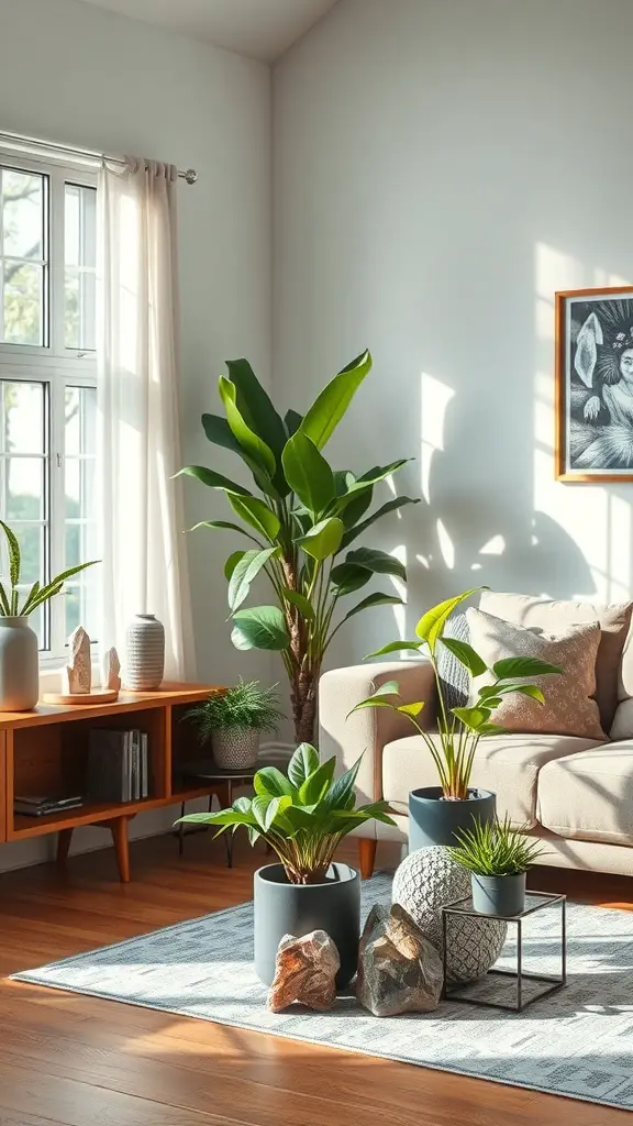 31+ Magical Decor Ideas for a Witchy Living Room 6 A bright living room with plants and crystals, showcasing a witchy aesthetic.