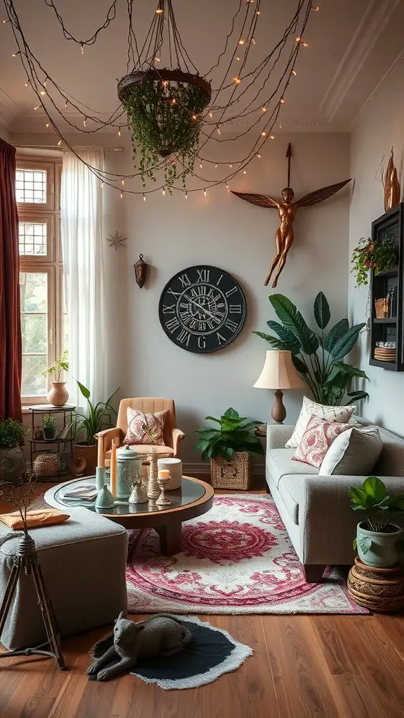 A whimsical living room with string lights, plants, and cozy seating.