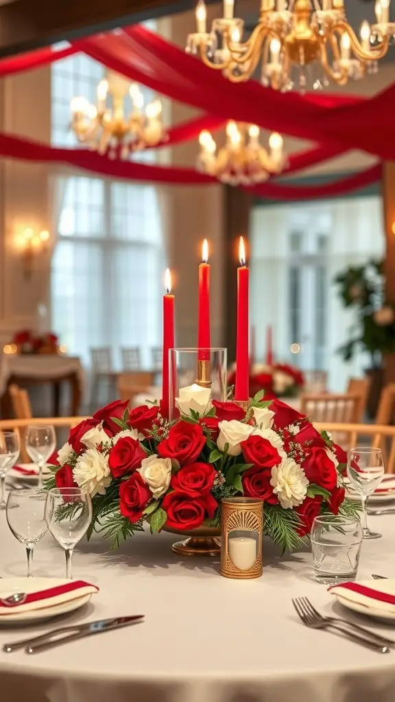 A beautifully arranged red and white centerpiece with roses and candles on a dining table.