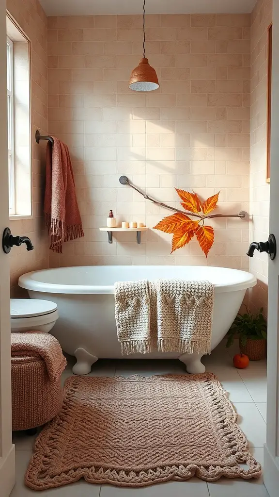 21+ Charming Fall Bathroom Decor Ideas to Transform Your Space 9 Cozy bathroom with knitted textiles and warm colors for fall decor