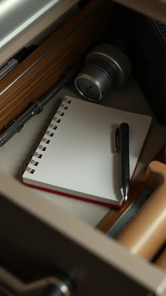 19+ Genius Junk Drawer Organization Ideas You Need to Try 11 A small notebook and pen placed in a junk drawer with other items.