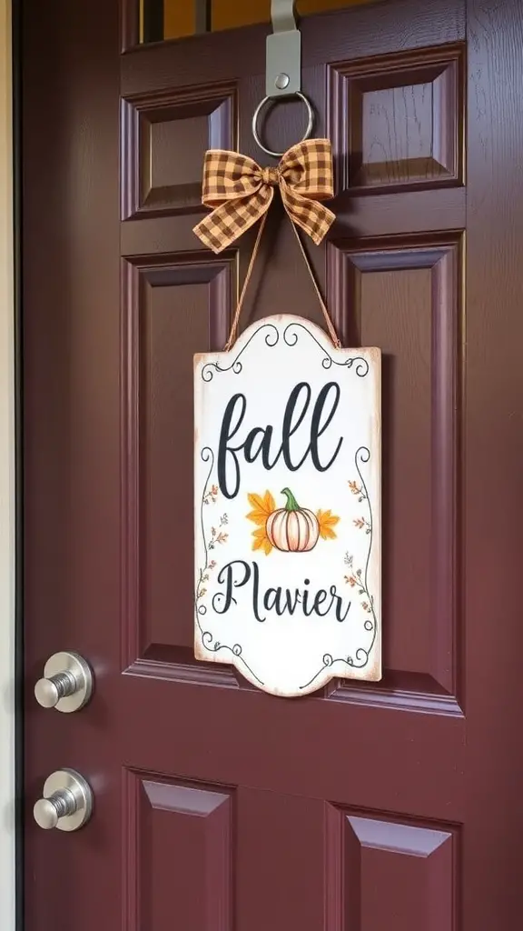 25+ Stunning Fall Front Door Decor Ideas to Transform Your Home 15 A personalized fall door hanger with flowers and the word 'Fall' on a front door.