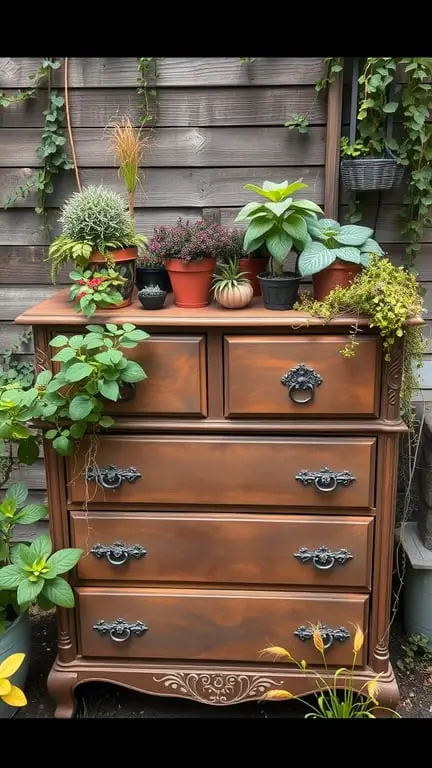 17+ Creative Mini Garden Ideas for Small Spaces 7 A vintage dresser repurposed as a planter with various potted plants on top.