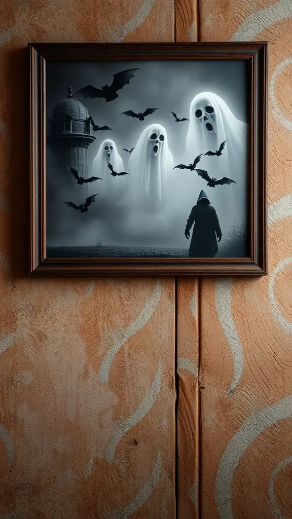 21+ Spooky and Creative Halloween Crafts for Adults 7 A framed artwork depicting ghostly figures and bats against a misty background.