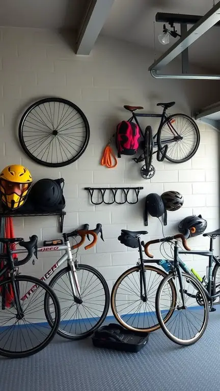 21+ Innovative Garage Layout Ideas You'll Love 11 A well-organized garage with bicycles and helmets stored on the wall and floor.