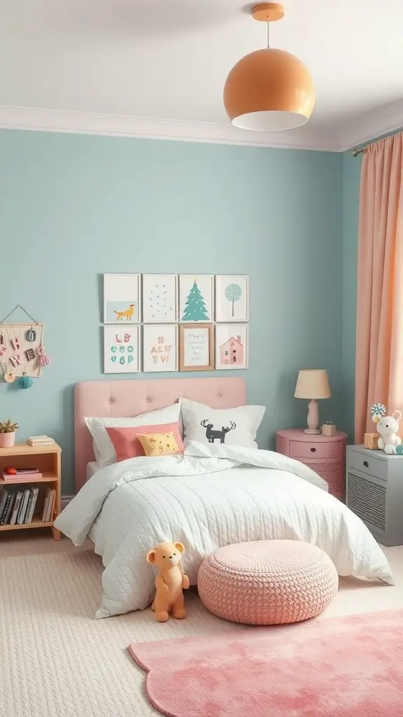 21+ Creative Kids Room Interior Design Ideas for Every Style 4 A cozy kids room featuring a mint green wall, pink bedding, and playful decor.