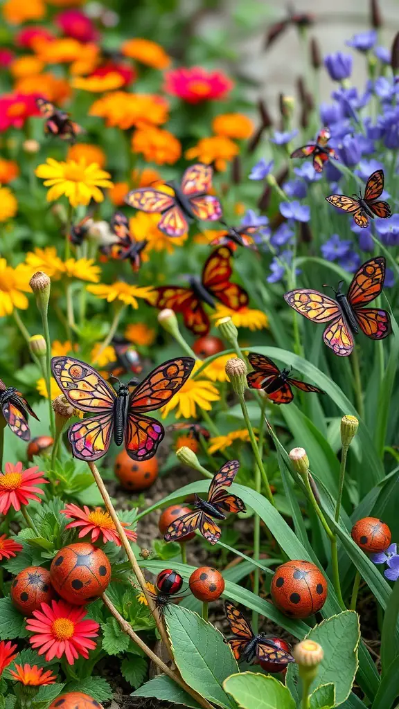19+ Stunning Rusty Metal Garden Art Pieces to Transform Your Outdoor Space 6 Colorful metal butterflies and ladybugs among vibrant flowers in a garden.
