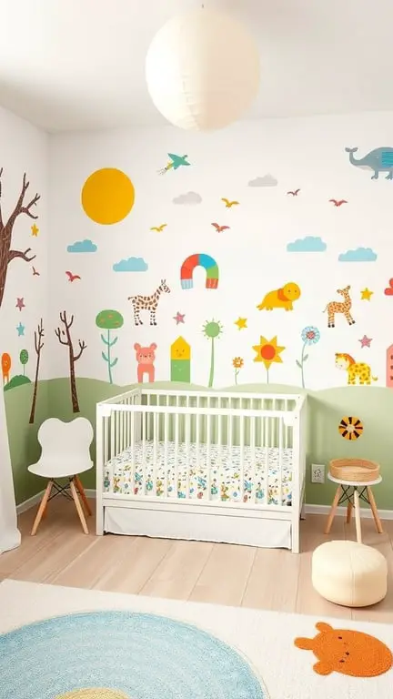 A nursery with a colorful mural featuring animals, trees, and a bright sun.