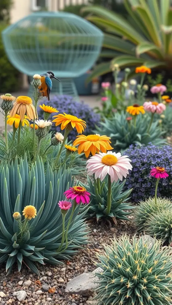 27+ Creative Xeriscape Landscaping Ideas for a Sustainable Garden 15 A colorful xeriscape garden featuring various flowers and a bird, showcasing seasonal color.