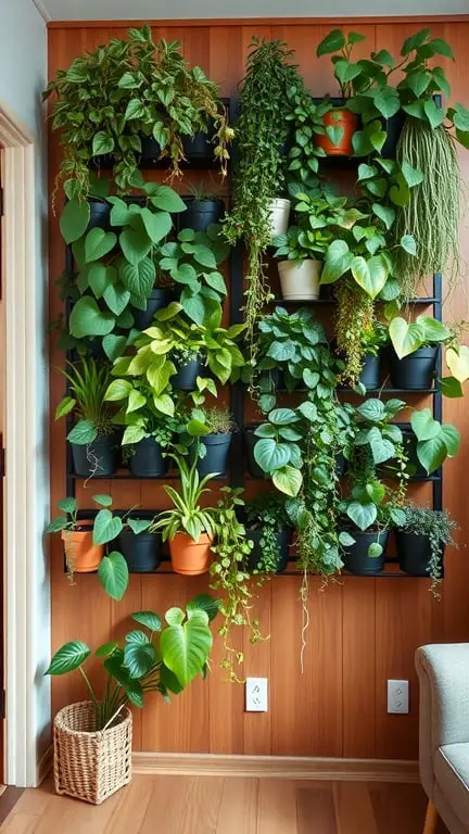 17+ Creative Mini Garden Ideas for Small Spaces 4 A vertical wall garden with various green plants in pots against a wooden wall.