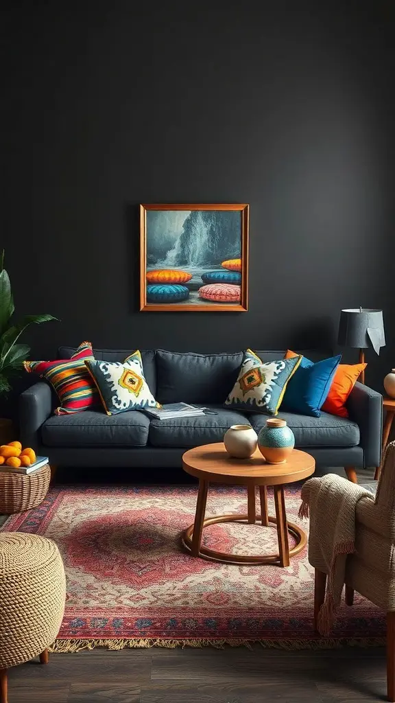 A dark boho living room featuring a dark wall, colorful pillows on a sofa, and a vibrant artwork.