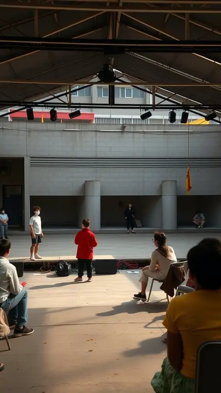 15 Inspiring Outdoor Learning Spaces for Creative Education 15 A scene from an open-air theater with young performers on stage and an audience watching.