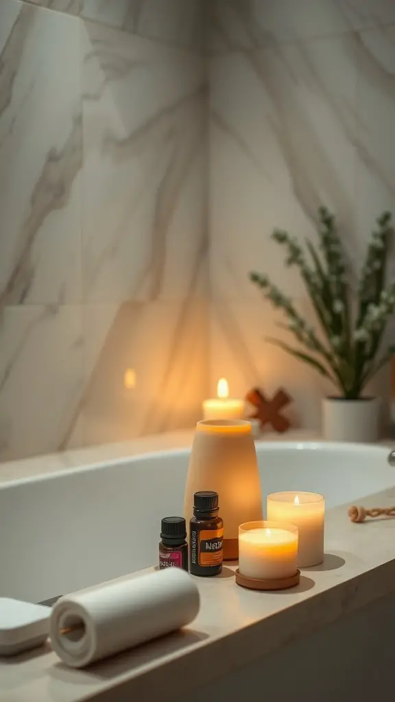 25+ Spa Bathroom Ideas for a Relaxing Retreat at Home 3 A serene bathroom setup featuring candles and essential oils for aromatherapy.