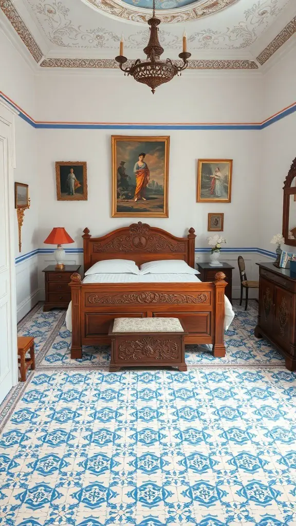 A bedroom with classic blue and white tile patterns on the floor, featuring wooden furniture and decorative artwork.