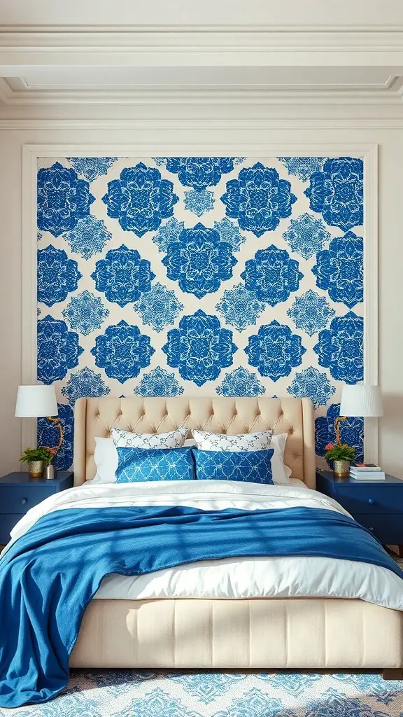 19+ Inspiring Blue and Cream Bedroom Ideas for a Cozy Retreat 17 A bedroom featuring a blue and cream patterned accent wall with a beige bed and blue bedding.