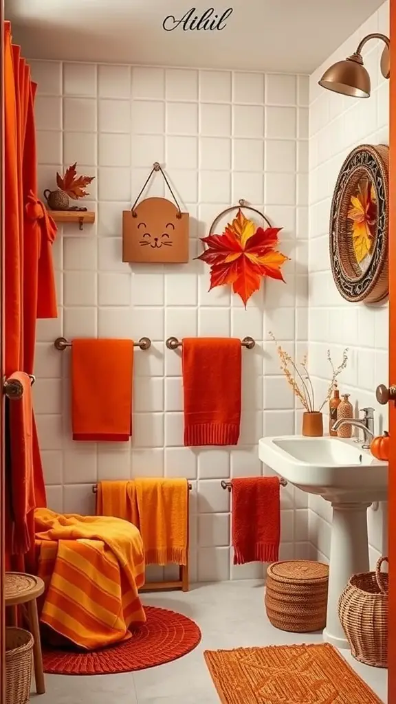 27+ Cozy Fall Bathroom Decor Ideas to Refresh Your Space 9 A cozy autumn-themed bathroom with warm colors, featuring orange and red towels, a striped blanket, and decorative elements.