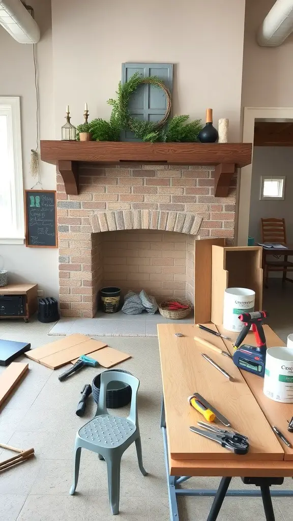 23+ Stunning Farmhouse Fireplace Decor Ideas to Transform Your Home 5 A cozy fireplace with a wooden mantel decorated with greenery and vases, surrounded by tools and materials for DIY projects.