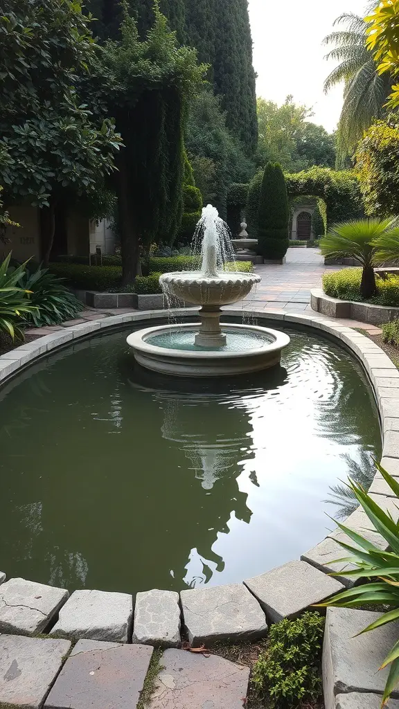 25+ Stunning Italian Garden Ideas for Your Outdoor Space 5 A tranquil garden with a fountain surrounded by greenery.
