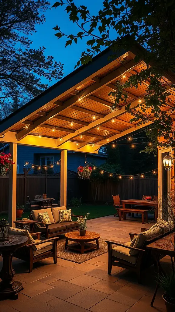 23+ Creative Patio Roof Extension Ideas You’ll Love 13 A beautifully lit patio with string lights and cozy seating, perfect for evening gatherings.