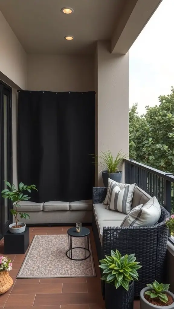 21+ Creative Balcony Privacy Ideas You’ll Love 4 A cozy balcony with a black privacy curtain, comfortable seating, and plants.