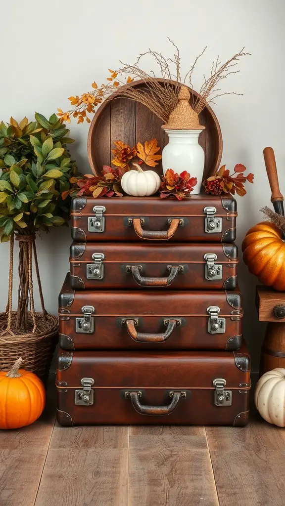 23 Vintage Fall Decor Ideas to Warm Your Home 11 A decorative arrangement of stacked vintage suitcases with autumn decor including pumpkins and leaves.