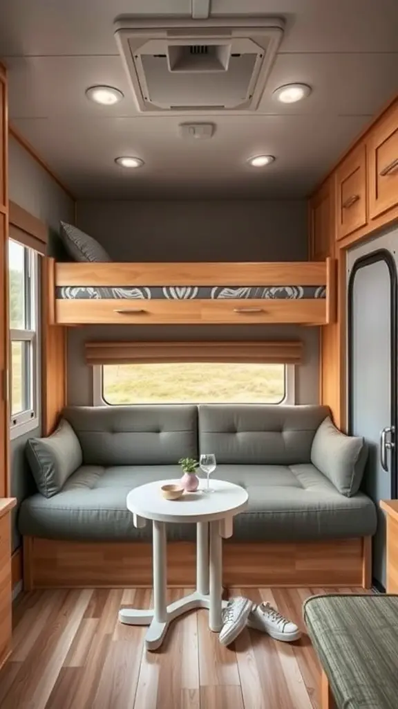 23 Creative Camper Bunk Bed Ideas for Your Next Adventure 3 Interior view of a camper showing a convertible bunk bed and seating area.