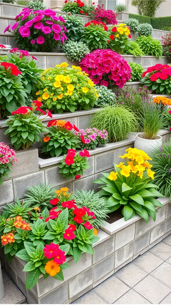 19+ Inspiring Terraced Landscaping Ideas for Your Outdoor Space 8 Colorful flowers in a terraced garden with various plants arranged on steps.