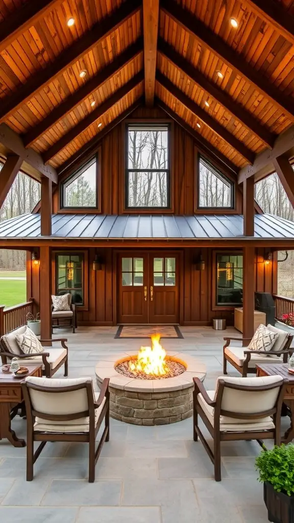19+ Charming Barndominium Ideas for Cozy Living 5 Cozy outdoor living area with seating and a fire pit in front of a barndominium.