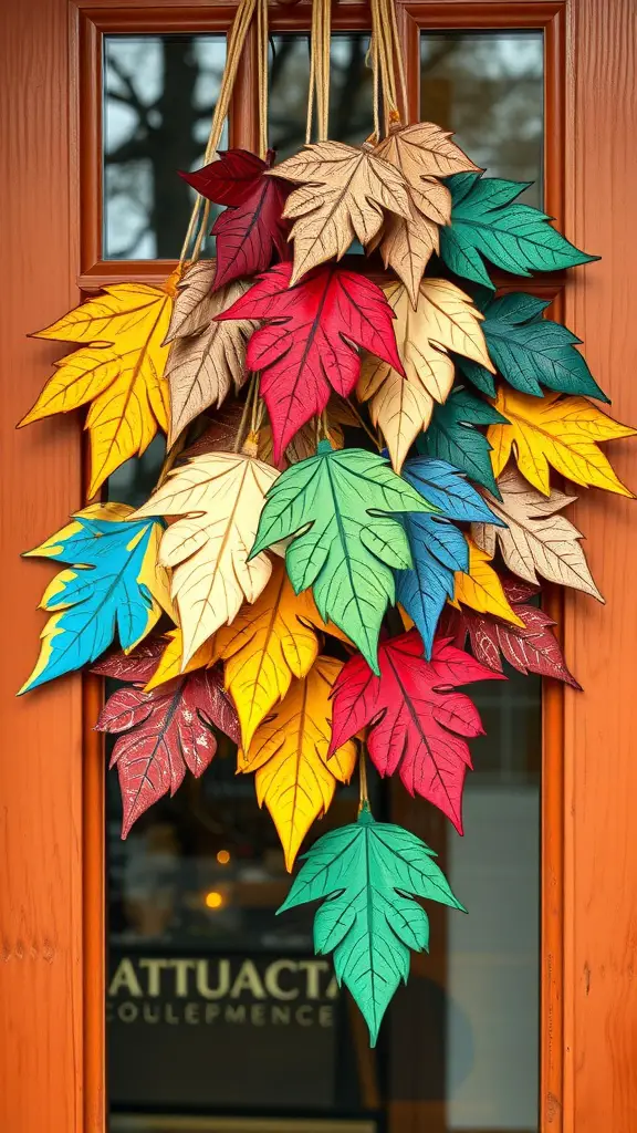 19+ Creative DIY Fall Door Hanger Ideas to Welcome the Season 17 Colorful wooden leaf cutouts hanging on a door