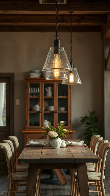 21 Stunning Boho Farmhouse Decor Ideas for a Cozy Home 11 A cozy dining area featuring rustic wooden furniture and stylish pendant lights.